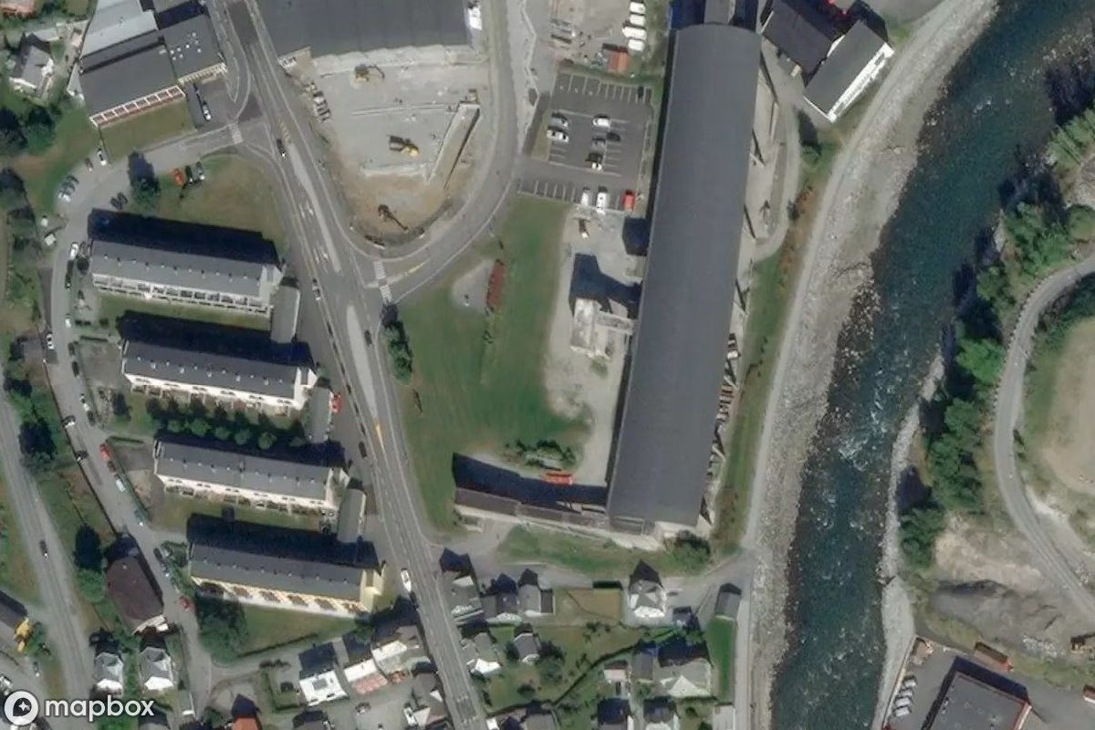 Aerial satellite view of Skalltaket Odda, an abandoned Factory in Odda, Norway