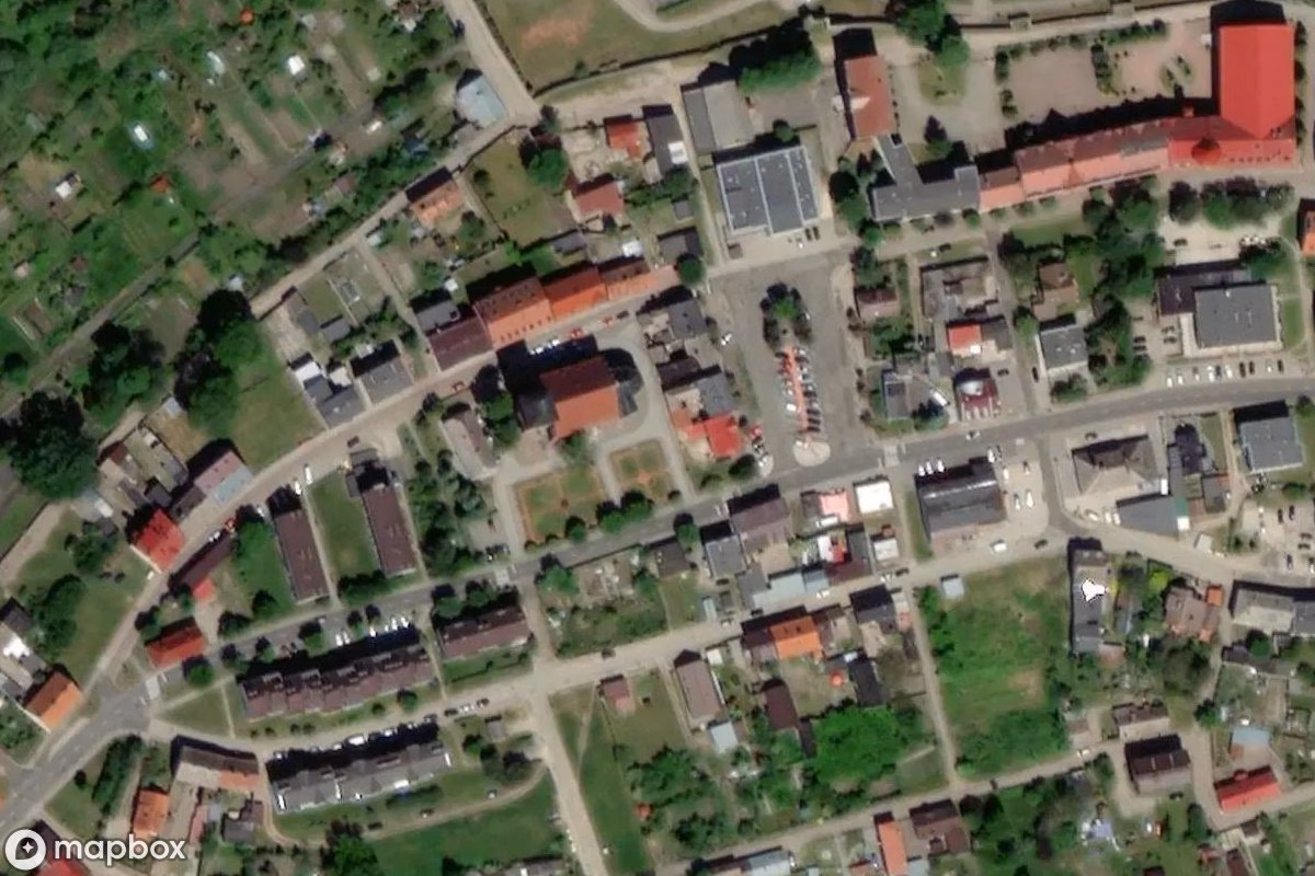 Aerial satellite view of Kirche Recz, an abandoned Church in Recz, Poland