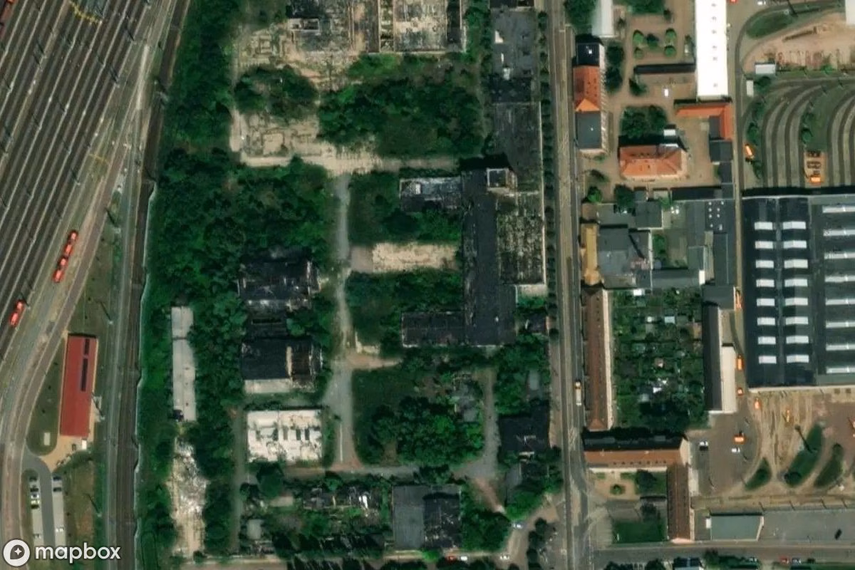 Satellitbillede set fra luften af Schlachthof, et forladt Fabrik i Halle (Saale), Tyskland