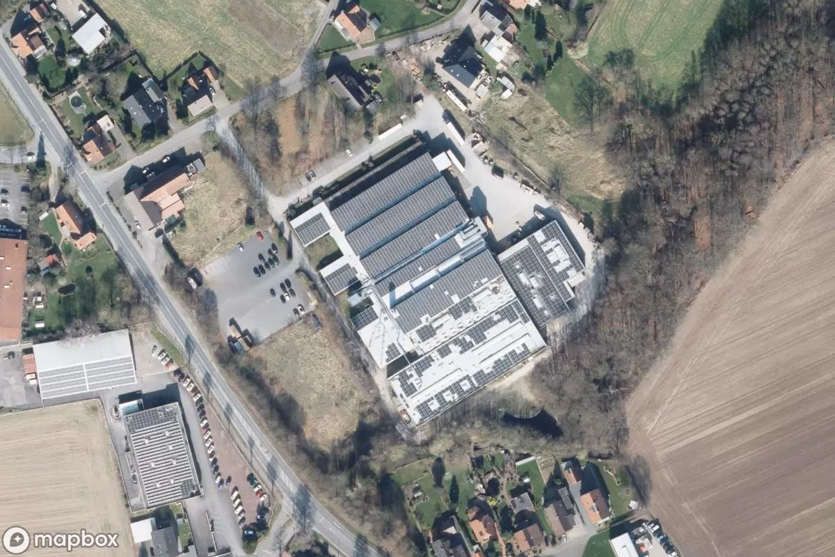 Aerial satellite view of Möbeltischlerei, an abandoned Industrial Site in Tengern, Germany