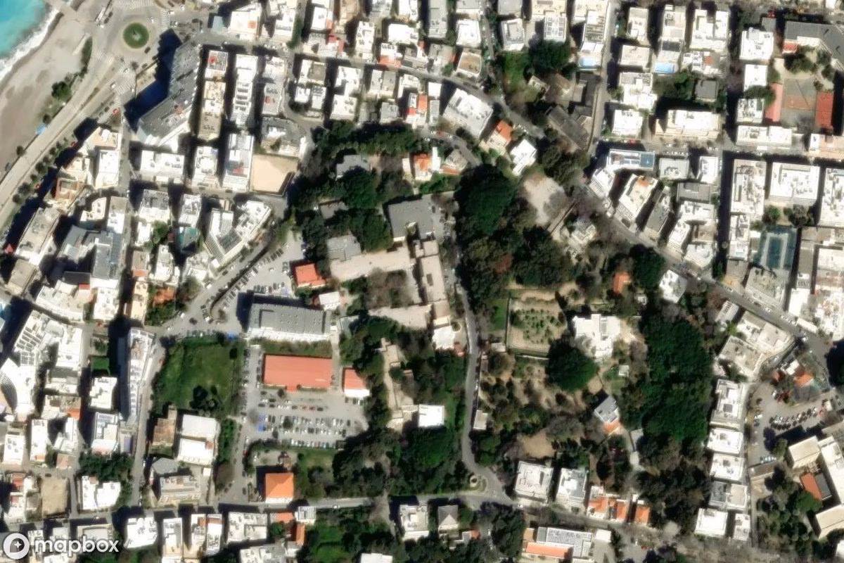 Aerial satellite view of Krankenhaus, an abandoned Hospital in Municipal Unit of Rhodes, Greece