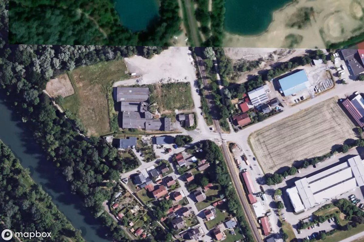 Satelitní letecký pohled na Kieswerk, opuštěné Továrna v Kellmünz a.d.Iller, Německo