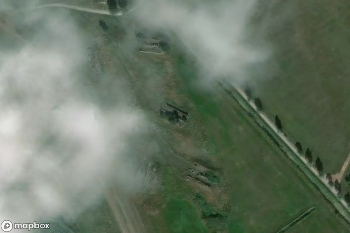 Aerial satellite view of Raketenlagerbunker 7, an abandoned Bunker in Kröslin, Germany