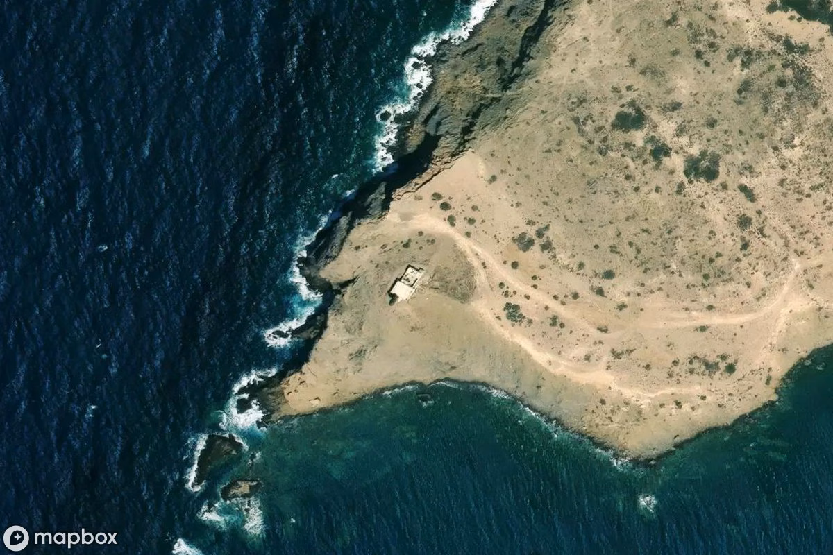 Aerial satellite view of Leuchtturm Prasonisi, an abandoned Tower in Municipality of Rhodes, Greece