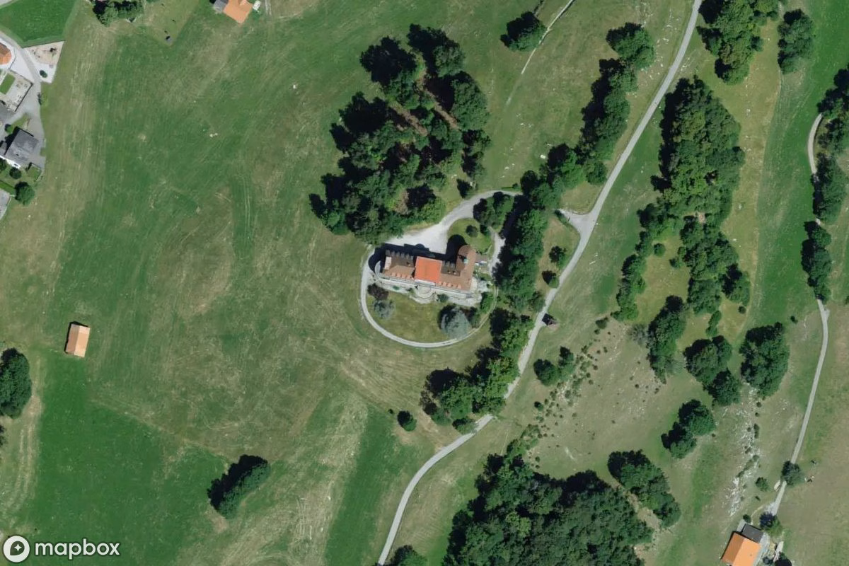 Aerial satellite view of Tuberkuloseheim, an abandoned  in Les Sciernes-d'Albeuve, Switzerland