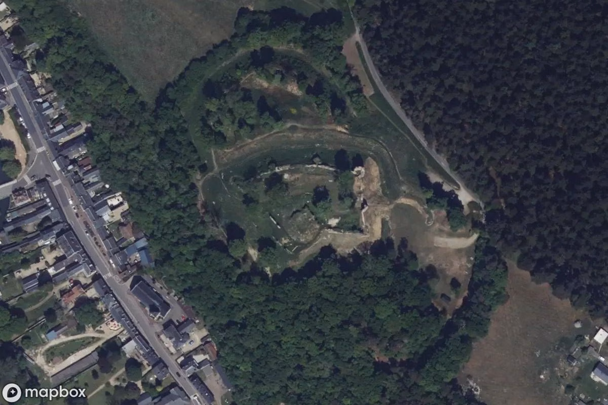 Aerial satellite view of Château de Montfort, an abandoned Castle in Montfort-sur-Risle, France