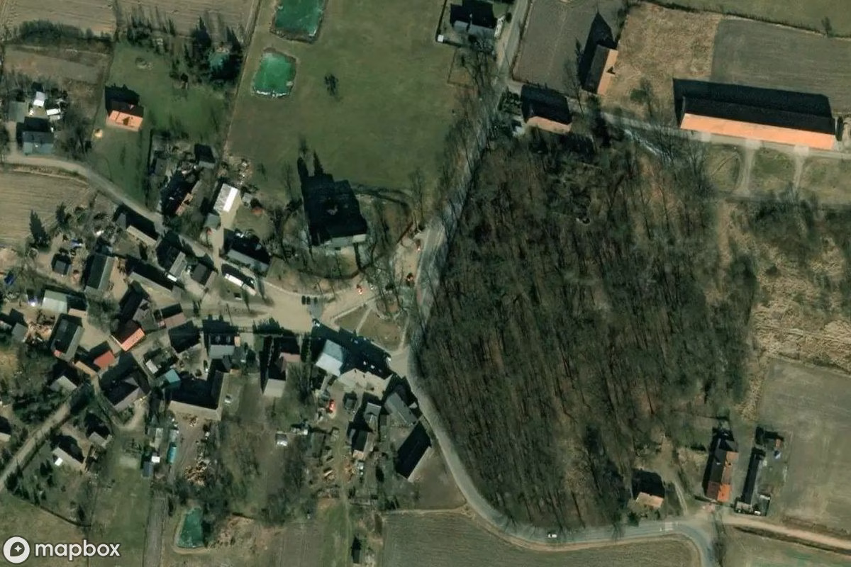 Aerial satellite view of Kościół św. Macieja Trzebicko, an abandoned Church in Trzebicko, Poland