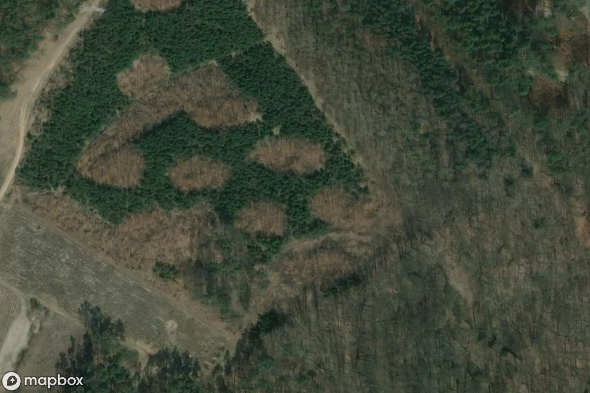 Satelitní letecký pohled na Gelände der Ingenieure, opuštěné Škola v Kostrzyn upon Oder, Polsko