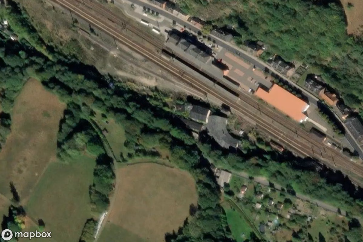 Aerial satellite view of Bahnhof mit Ringlockschuppen, an abandoned Railway Station in Kleinneundorf, Germany