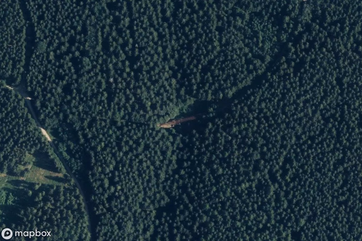 Aerial satellite view of Fuchsbrunnbrücke, an abandoned Bridge in Lößnitz, Germany