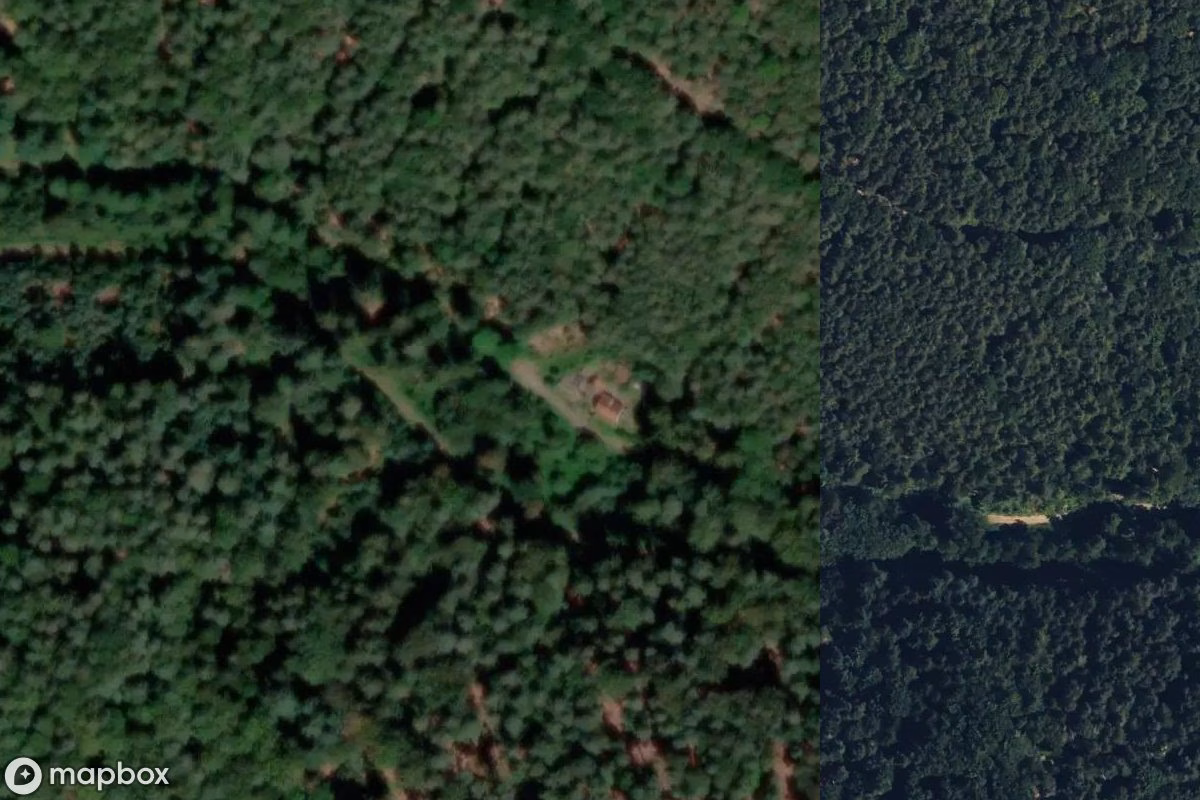 Aerial satellite view of Kleines Häuschen im Wald, an abandoned  in Neustadt an der Weinstraße, Germany