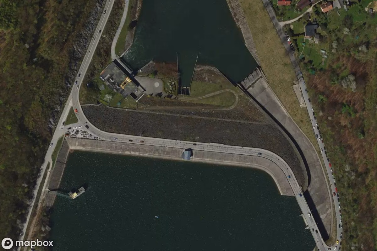 Aerial satellite view of Staudamm Tresna, an abandoned  in Tresna, Poland