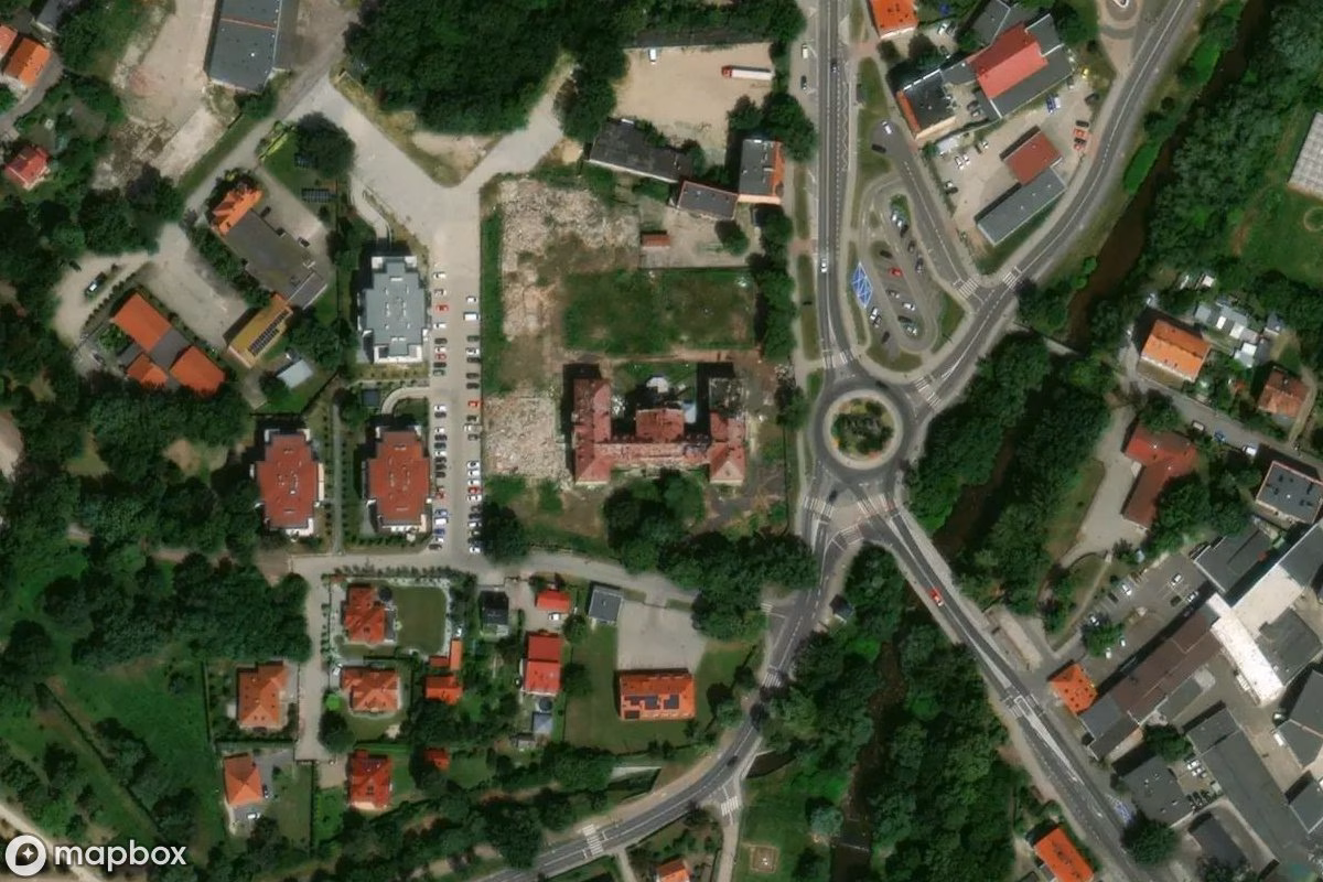Aerial satellite view of Verlassenes Krankenhaus, an abandoned Hospital in Świdnica, Poland