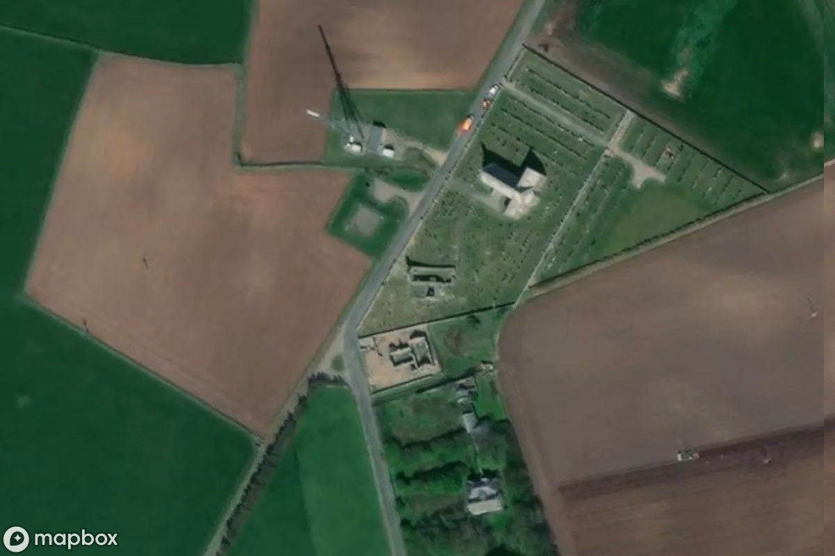 Aerial satellite view of Alte Kirche Pitsligo, an abandoned  in Rosehearty, United Kingdom