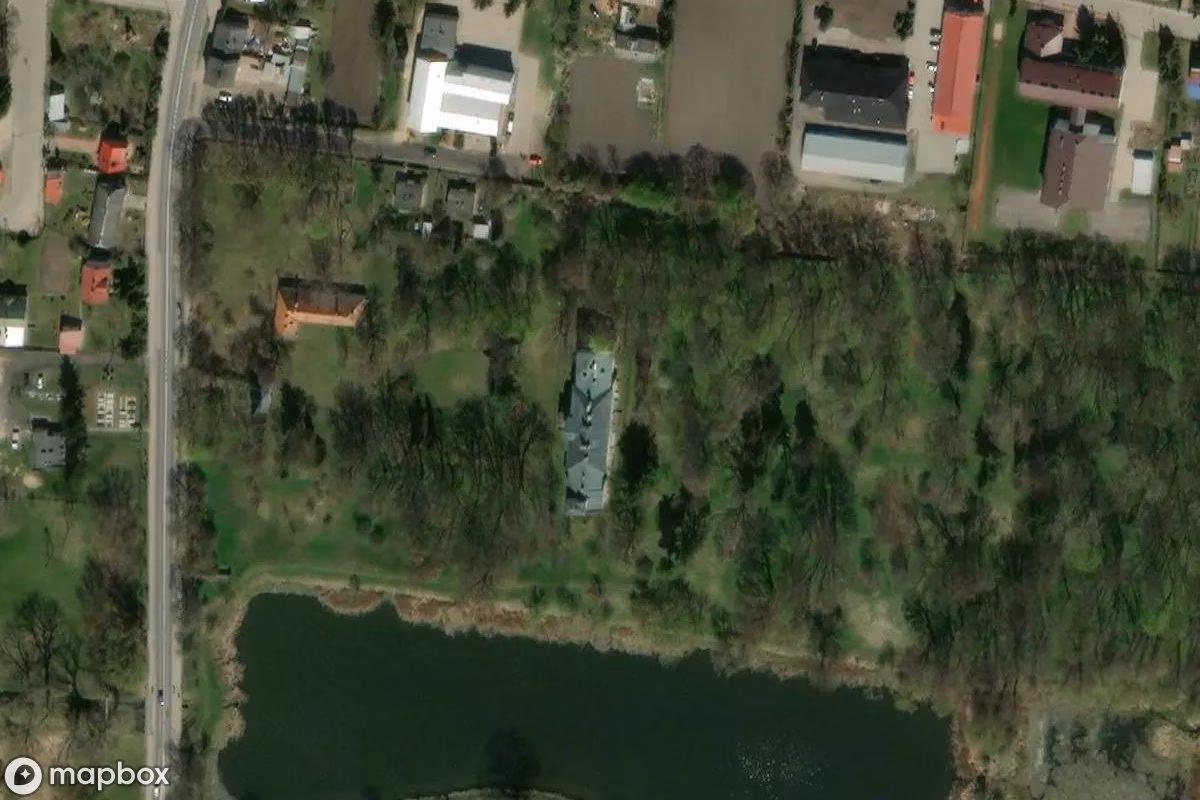 Aerial satellite view of Mordy Palace, an abandoned Castle in Mordy, Poland