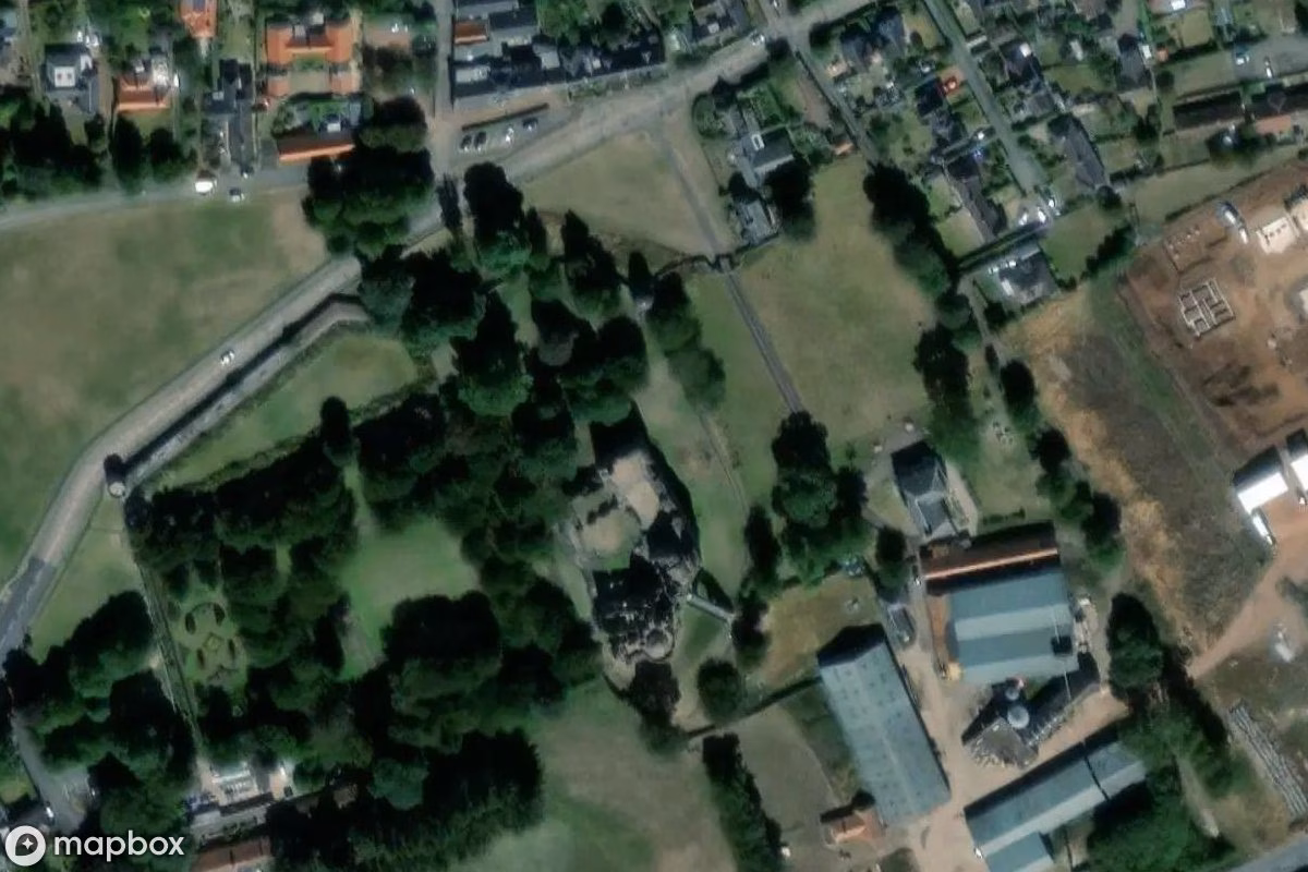 Aerial satellite view of Dirleton Castle, an abandoned Castle in Dirleton, United Kingdom