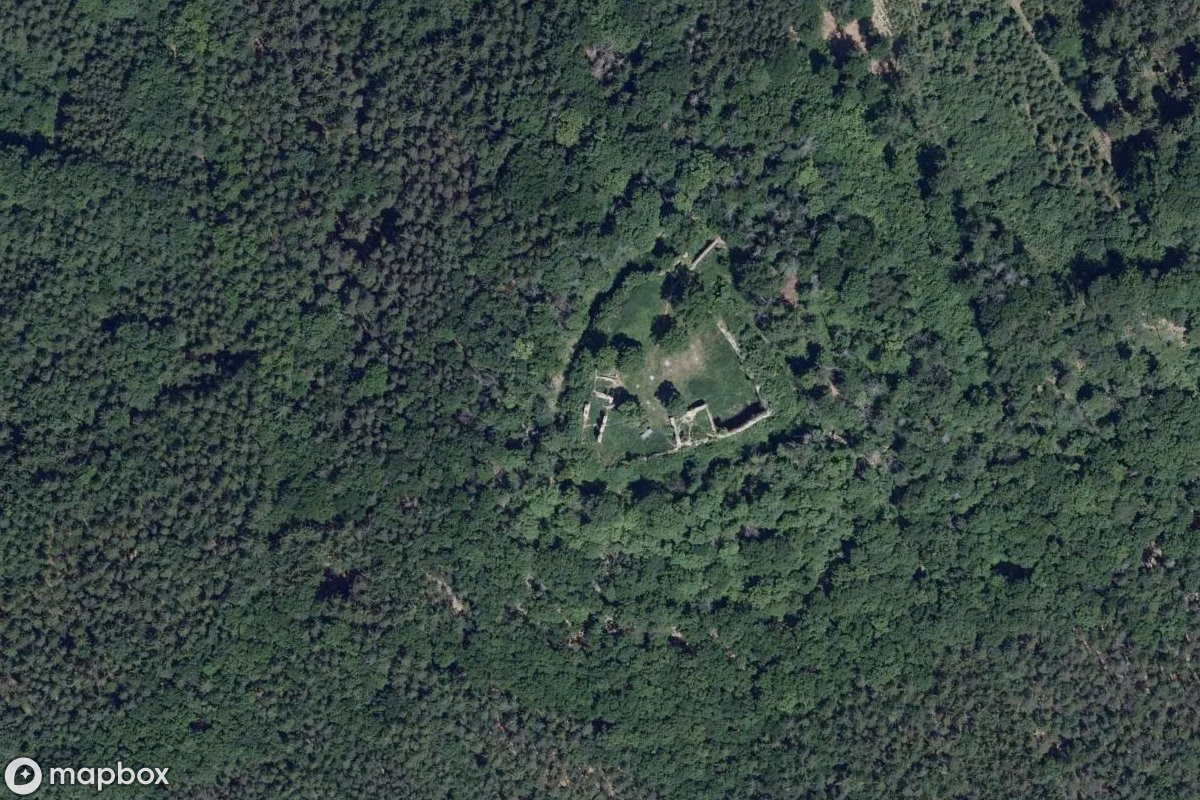 Aerial satellite view of Burg Pravda, an abandoned in Konětopy u Pnětluk, Czechia