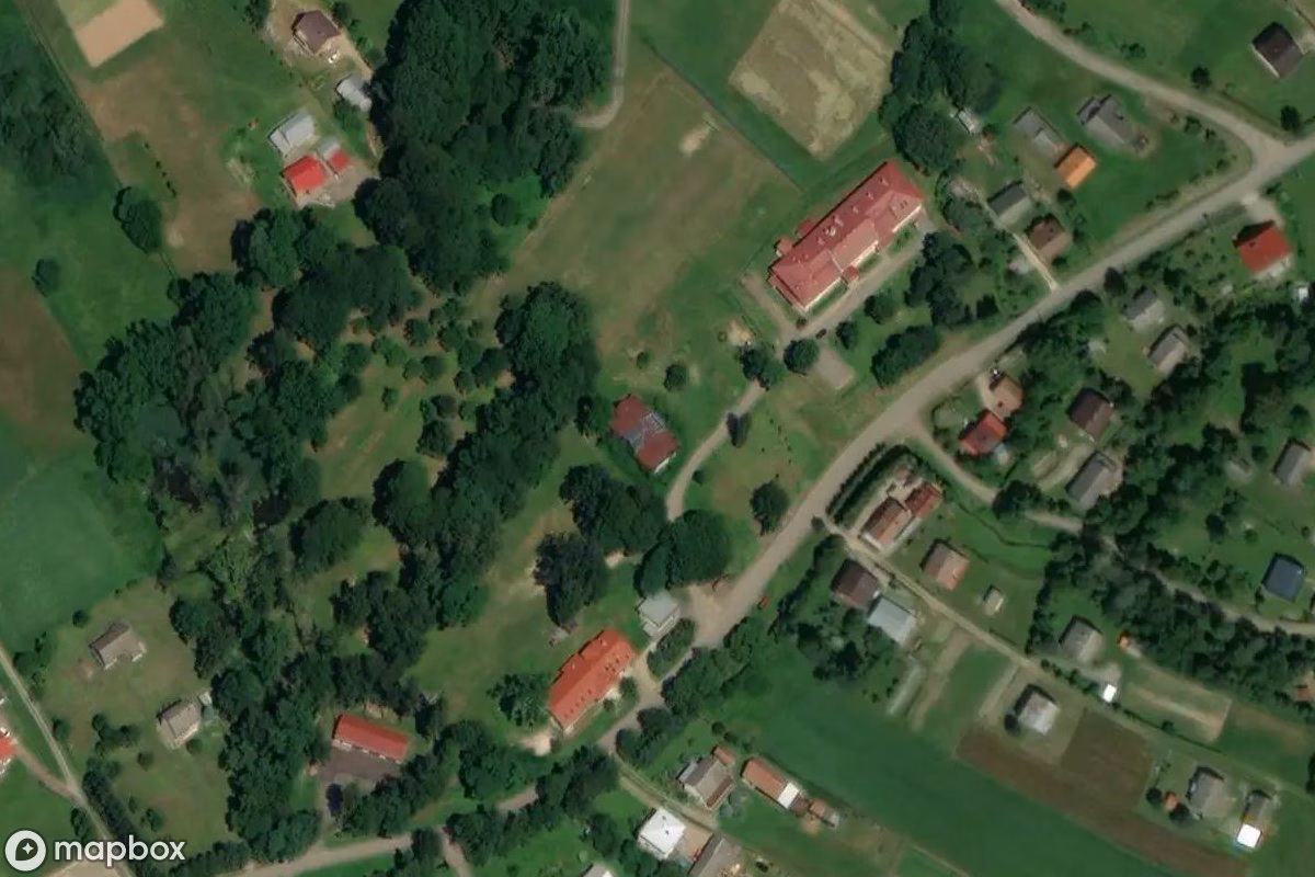 Aerial satellite view of Manor historique, an abandoned Residence in Falejówka, Poland