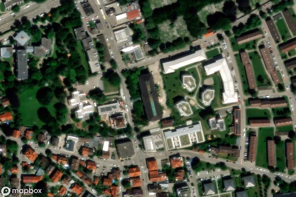 Aerial satellite view of Krankenhaus, an abandoned Hospital in Kempten (Allgäu), Germany