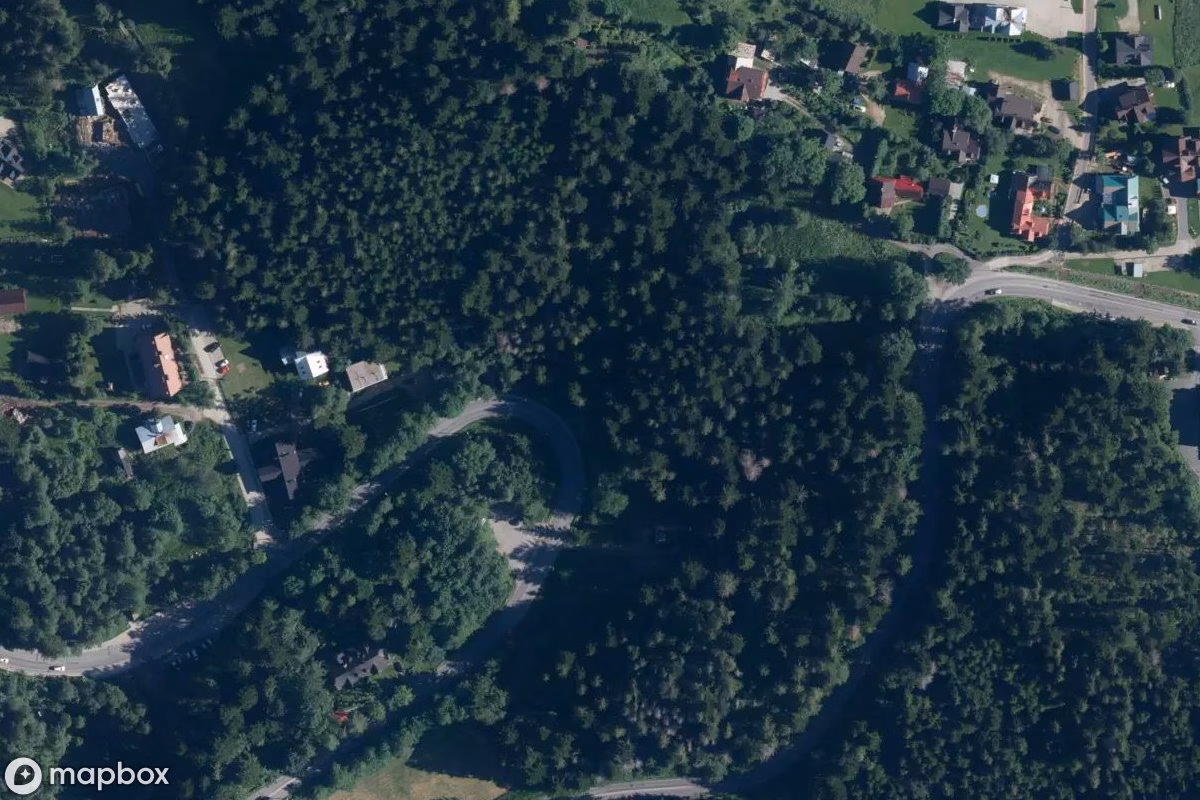 Aerial satellite view of Kapelle Jaszczurówka, an abandoned Church in Zakopane, Poland