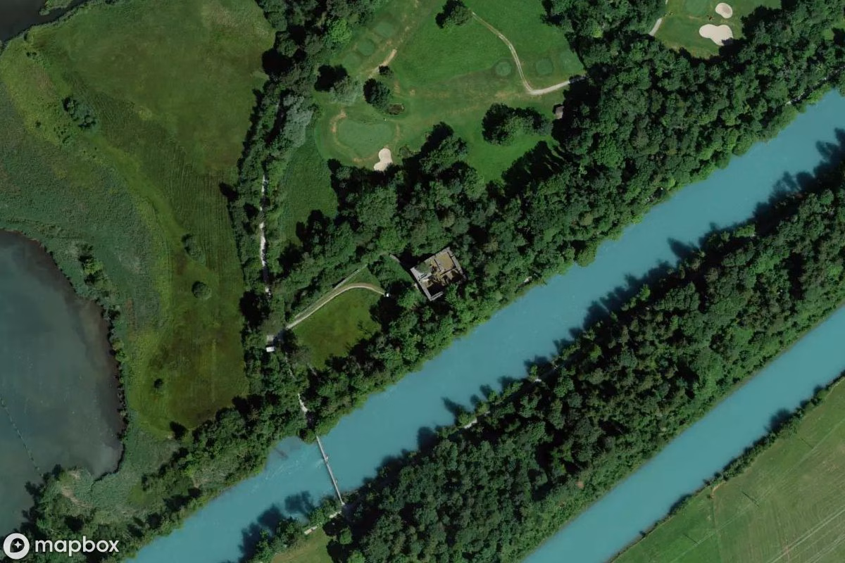 Aerial satellite view of Ruine Weissenau, an abandoned Ruin in Unterseen, Switzerland
