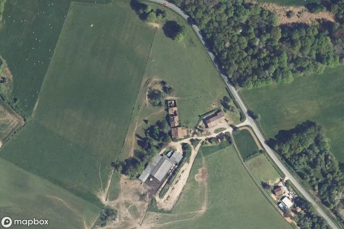 Aerial satellite view of Ferme de la Boîte, an abandoned Farm in Bussière-Badil, France