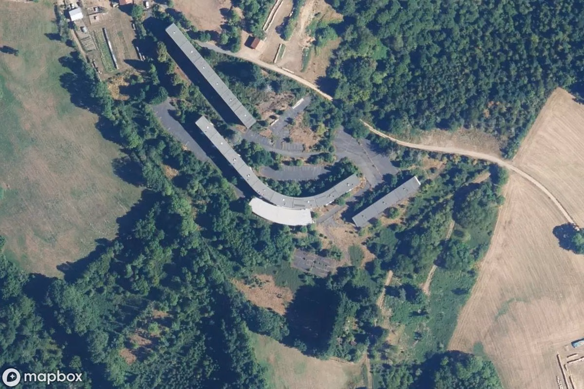 Aerial satellite view of Hotel Arrondi, an abandoned Hotel in Laprugne, France