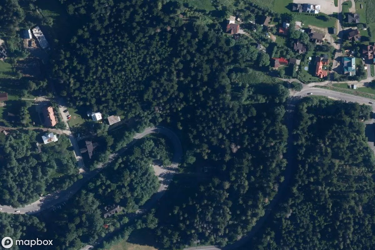 Aerial satellite view of Kapelle Jaszczurówka, an abandoned Church in Zakopane, Poland