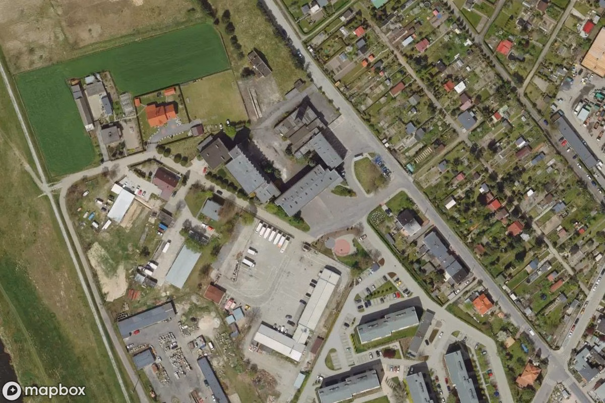 Aerial satellite view of Alte Feuerwache, an abandoned  in Śrem, Poland