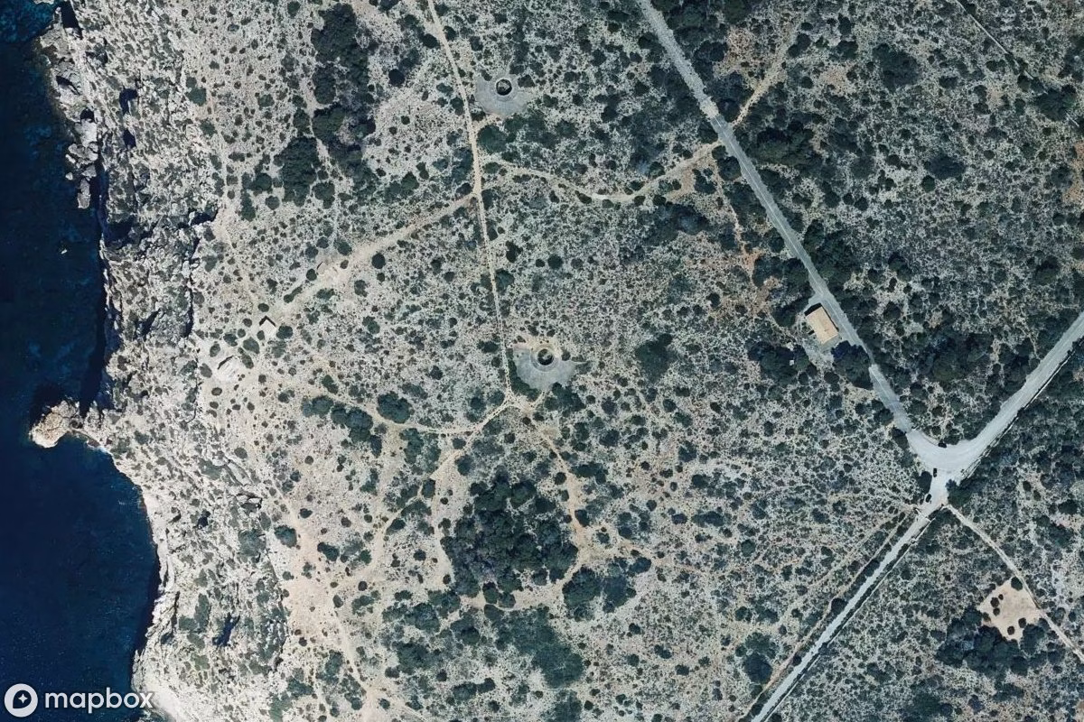 Aerial satellite view of Bunker, an abandoned Bunker in Llucmajor, Spain