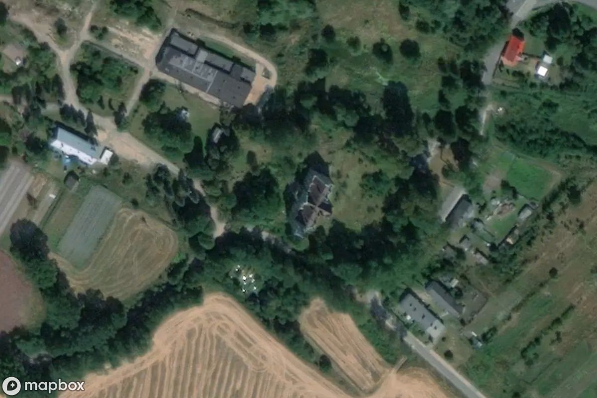 Aerial satellite view of Ruiny pałacu von Kleistów, an abandoned Castle in gmina Tychowo, Poland