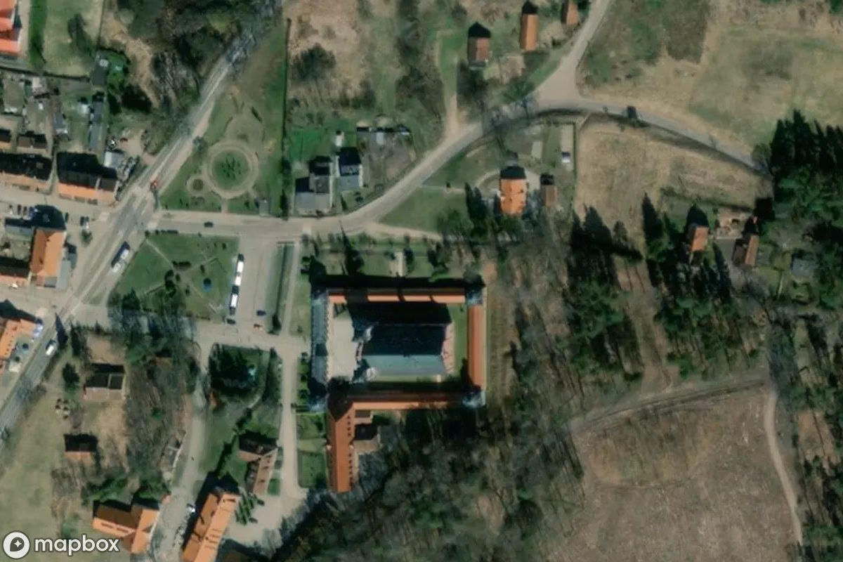 Aerial satellite view of Święta Lipka, an abandoned Church in Święta Lipka, Poland