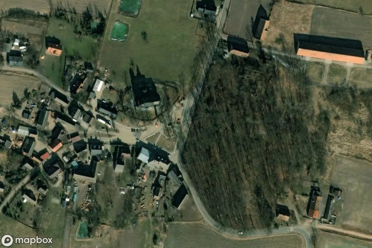 Aerial satellite view of Kościół św. Macieja Trzebicko, an abandoned Church in Trzebicko, Poland