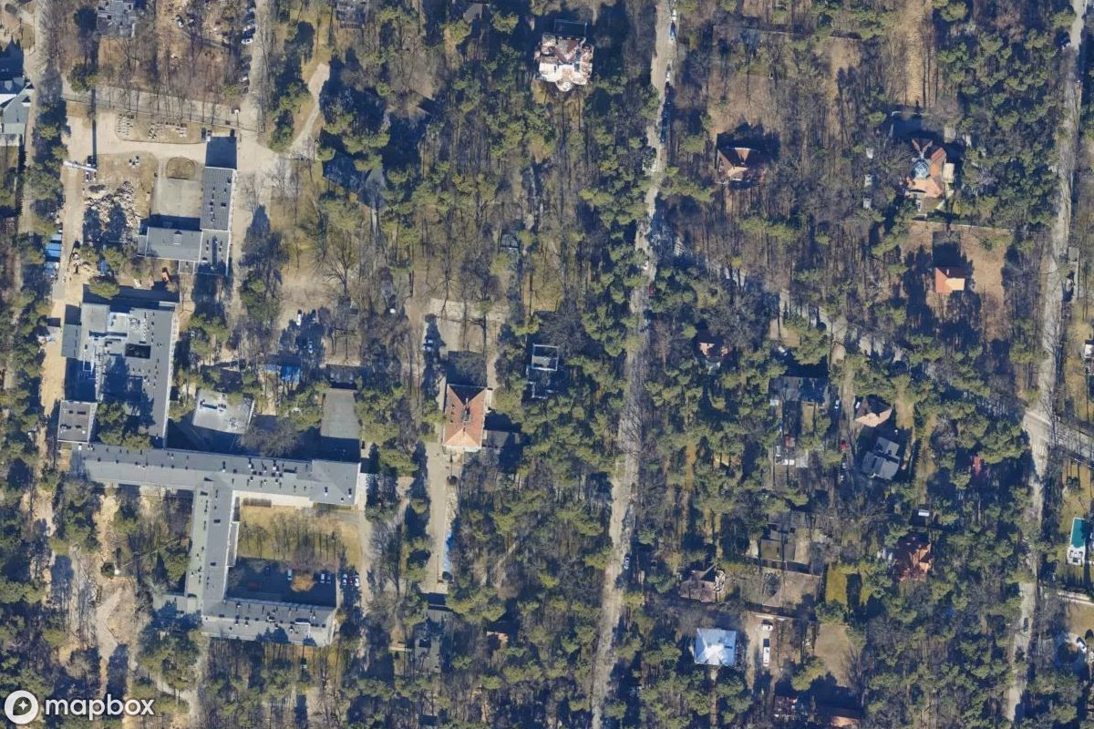 Aerial satellite view of Dawna willa Sans Souci, an abandoned Residence in Konstancin-Jeziorna, Poland